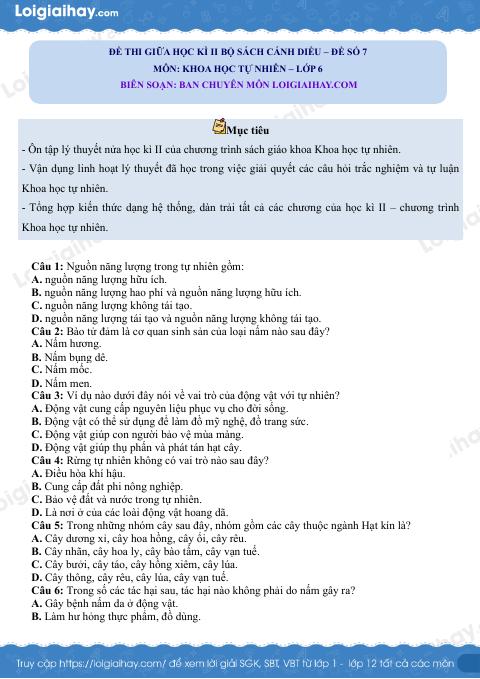Đề thi giữa học kì 2 KHTN 6 Cánh diều - Đề số 7